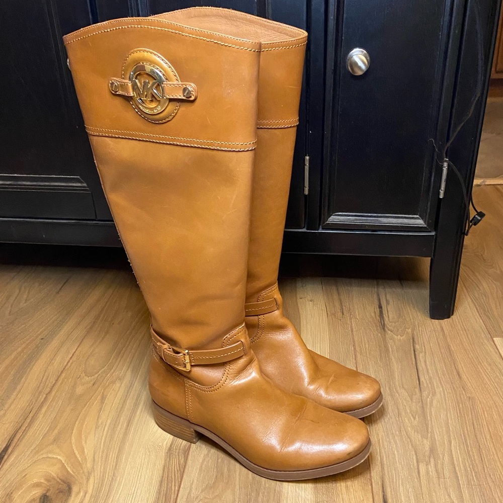 Light brown stockyard Michael Kors riding boot